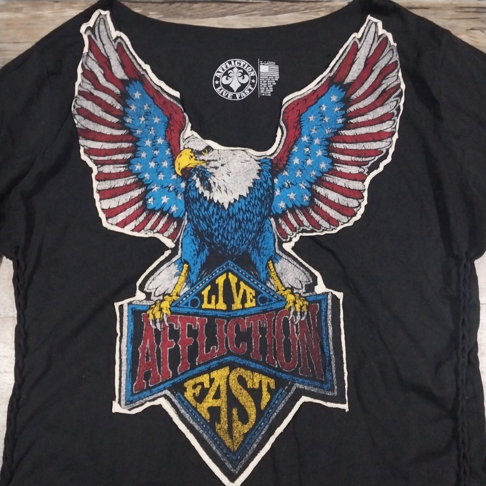 Affliction Live Fast Distressed Eagle American Flag Shirt Women XL Biker Vintage
